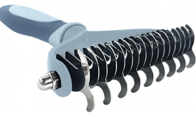 Pieptene gri pentru descurcat, cu lame curbate din inox, sigur pentru descalcire și îngrijirea blănii, ușor de curățat.