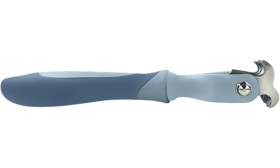 Vedere laterală pieptene gri pentru descurcat, cu mâner ergonomic subțire și lame inox pentru îngrijire blândă.