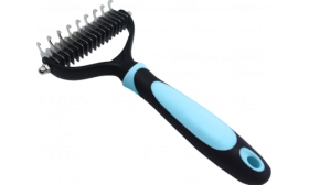 Pieptene pentru descurcat blana, albastru, cu mâner anti-alunecare, lame inox și peri moi.