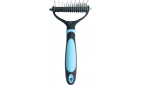 Vedere frontală pieptene albastru pentru descurcat blana, cu grip ergonomic și lame inox, sigur pentru pielea sensibilă.