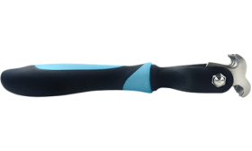 Vedere laterală pieptene albastru pentru descurcat, cu mâner ergonomic subțire și lame inox, pentru îngrijire blândă.