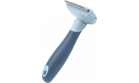 Pieptene gri-albastru pentru redus blana, cu lamă inox, grip ergonomic și design ușor de curățat.