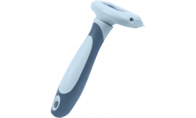 Vedere laterală pieptene gri-albastru pentru redus blana, cu mâner ergonomic, sigur și confortabil.