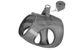 Ham vestă gri reflectorizant din nailon ușor, cu bretea reglabilă, inel argintiu pentru medalion pisica și lesă sigură.