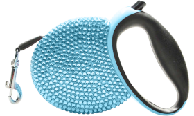 Lesă retractabilă pentru pisici cu carcasă albastră cu strasuri, bandă extinsă, clips metalic și buton negru, pentru medalion pi