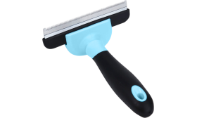 Pieptene ergonomic pentru pisici, cu mâner albastru-negru și lamă inox, potrivit pentru toate pisicile.